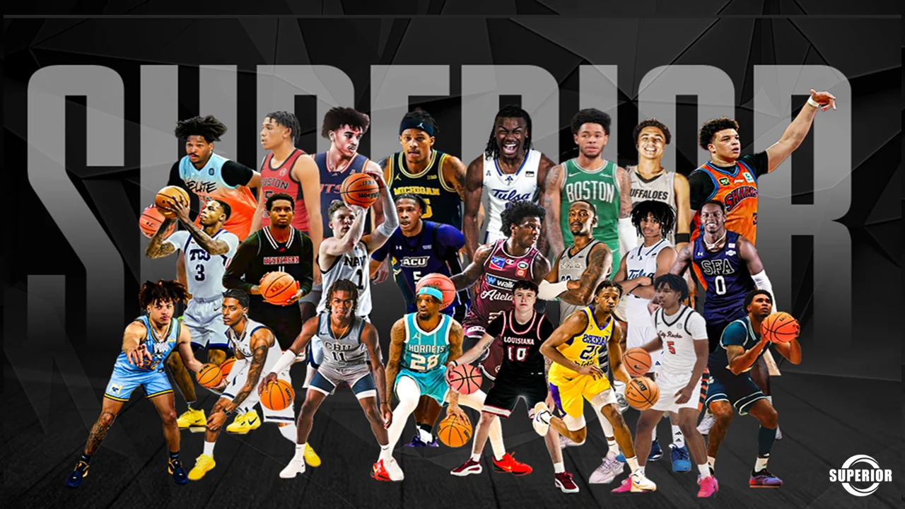 Full-bleed montage of the Superior Sports client roster in their college and professional uniforms beneath a large SUPERIOR wordmark.