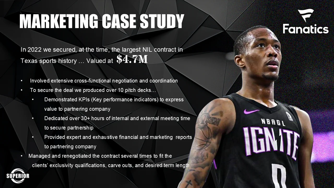 Marketing case study with Fanatics: in 2022 Superior secured what was then the largest NIL contract in Texas sports history, valued at 4.7 million dollars, involving over 10 pitch decks, 30 plus hours of meetings and several renegotiations.