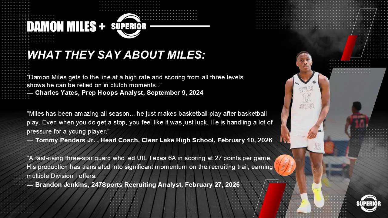 Scouting quotes slide: Charles Yates of Prep Hoops on Miles getting to the line at a high rate and scoring from all three levels in clutch moments; Tommy Penders Jr., head coach at Clear Lake High School, on Miles making basketball play after basketball play; and Brandon Jenkins of 247Sports on a fast-rising three-star guard who led UIL Texas 6A in scoring at 27 points per game.