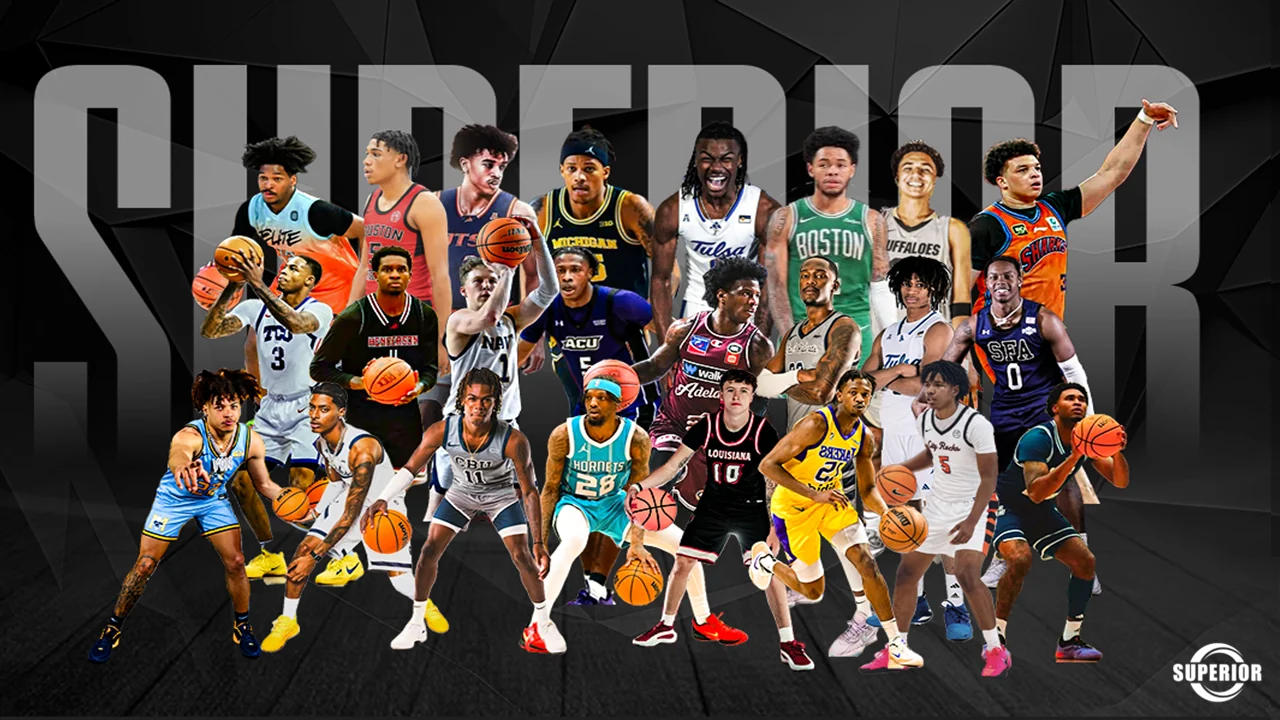 Full-bleed montage of the Superior Sports client roster in their college and professional uniforms beneath a large SUPERIOR wordmark.