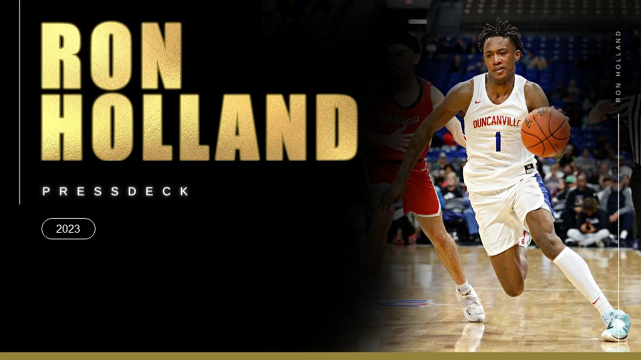 Title slide: Ron Holland press deck 2023, over an action photograph of Holland in a Duncanville number 1 jersey driving the ball upcourt.