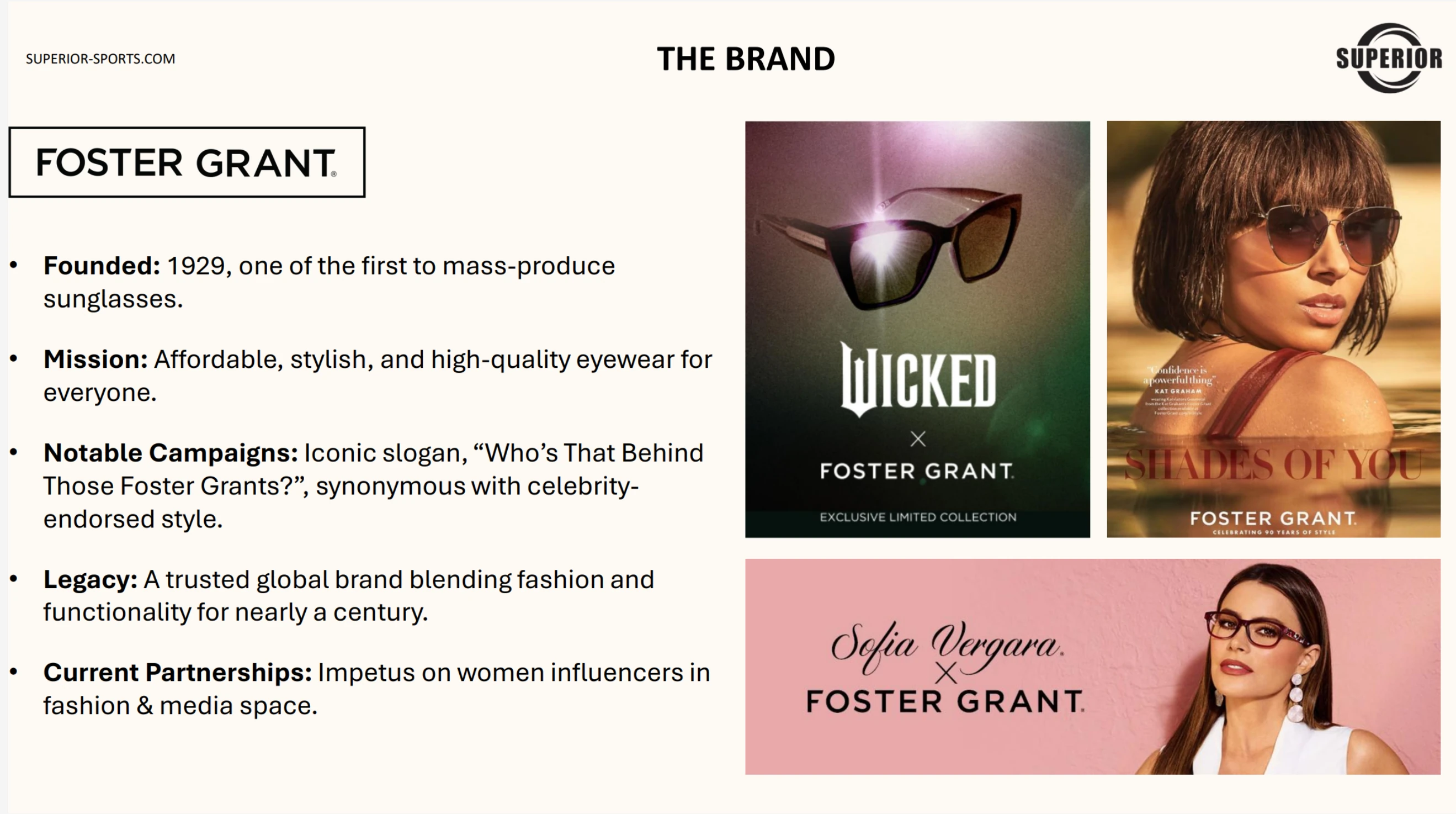 The Brand slide: Foster Grant, founded 1929, one of the first to mass-produce sunglasses. Mission of affordable stylish eyewear, the campaign line Who's That Behind Those Foster Grants, and current partnerships weighted toward women influencers in fashion and media, shown with Wicked, Shades of You and Sofia Vergara campaign imagery.