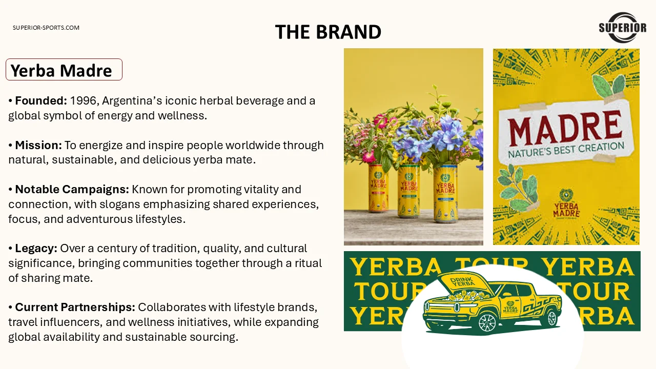 Brand slide for Yerba Madre: founded 1996 as Argentina’s iconic herbal beverage, on a mission to energize and inspire worldwide through natural, sustainable yerba mate, with over a century of tradition and current partnerships across lifestyle brands, travel influencers and wellness initiatives.