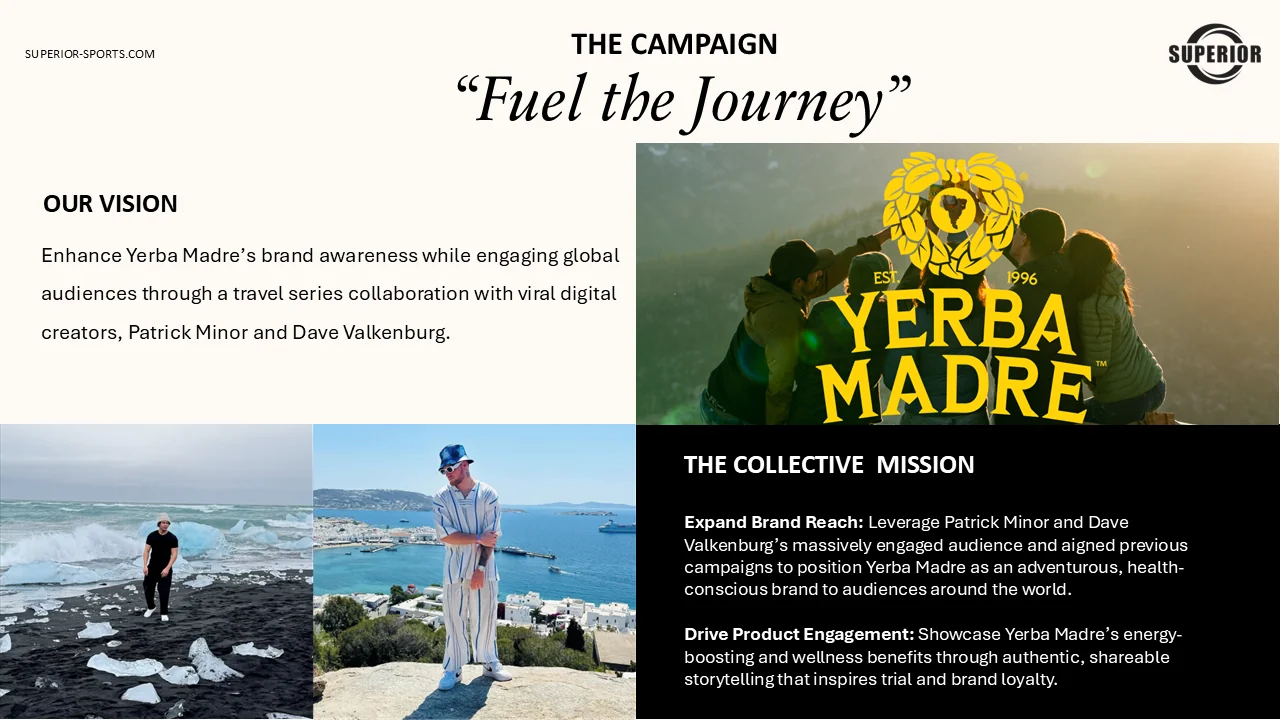 Campaign slide headed Fuel the Journey. The vision is to enhance Yerba Madre’s brand awareness while engaging global audiences through a travel series with Patrick Minor and Dave Valkenburg. The collective mission is to expand brand reach and drive product engagement through authentic, shareable storytelling.