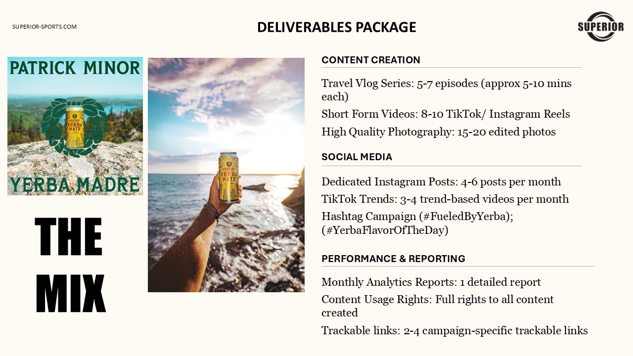 Deliverables package slide headed The Mix: content creation covering a 5 to 7 episode travel vlog series, 8 to 10 short form videos and 15 to 20 edited photos; social media covering 4 to 6 Instagram posts and 3 to 4 TikTok trend videos per month plus hashtag campaigns; and performance reporting covering monthly analytics, full content usage rights and trackable links.