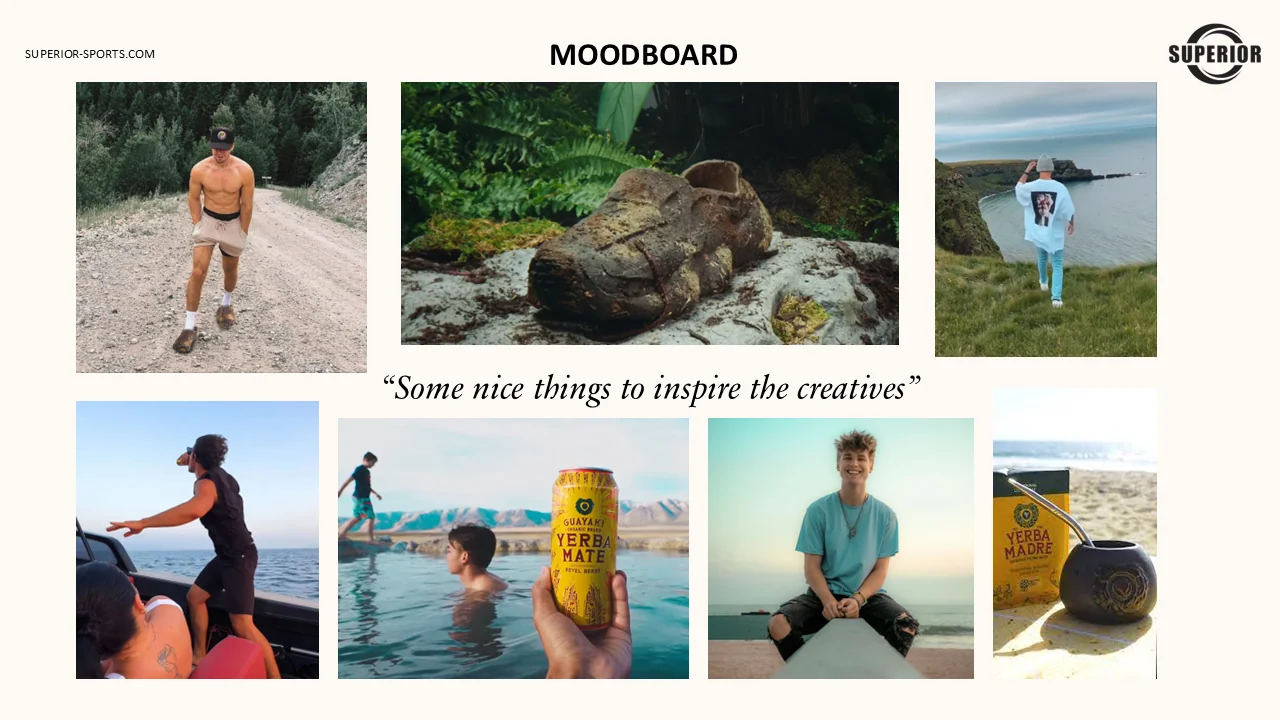 Moodboard slide captioned some nice things to inspire the creatives: a grid of travel and lifestyle photographs spanning trail running, coastlines, swimming, surfing and Yerba Madre product shots.