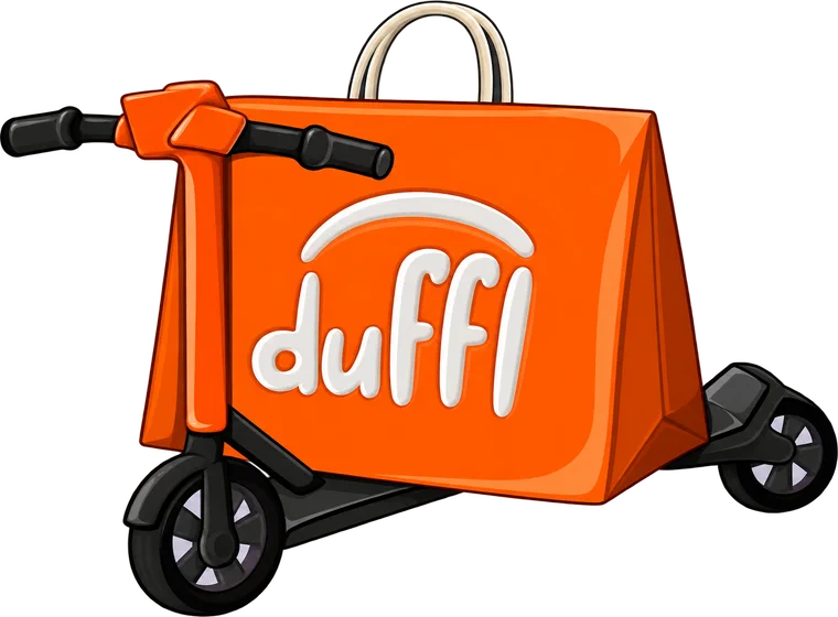 Duffl's delivery rig — an orange branded bag mounted on a scooter.