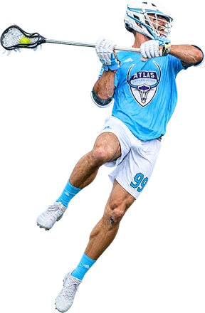 An Atlas Lacrosse Club player airborne, winding up a shot.