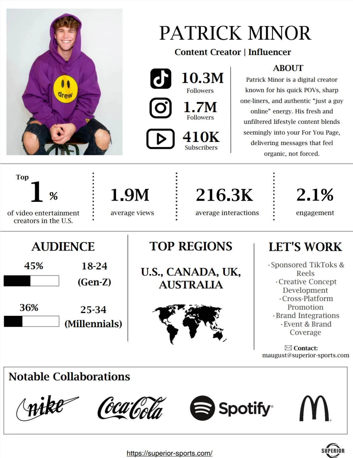 Client one sheeter for Patrick Minor, Content Creator, Influencer: digital creator with 10.3M TikTok, 1.7M Instagram and 410K YouTube followers, top 1% of US video entertainment creators, 1.9M average views and 2.1% engagement, with collaborations including Nike, Coca-Cola, Spotify and McDonald’s.