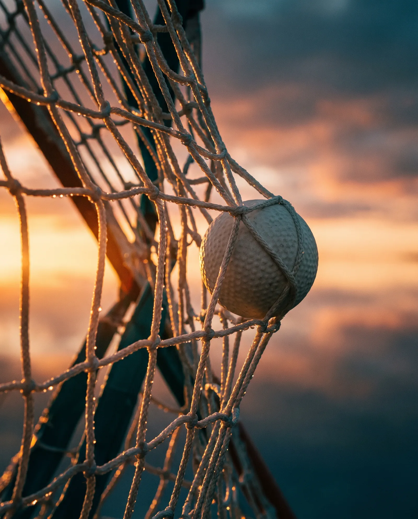 Macro detail of a lacrosse goal net at sunset with a ball entering the mesh